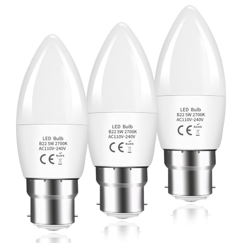 Caldarax B22 LED Bayonet Cap Candle Bulbs 5W C37 B22 LED Candle Light Bulb 40W Equivalent 470LM Warm White 2700K BC Energy Saving Candle Bulbs Non-Dimmable Pack of 3