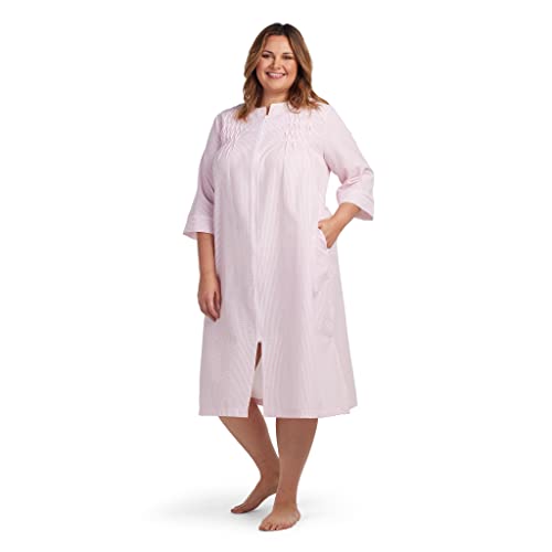 Image of Miss Elaine Long Seersucker Women's Robe, Pockets and Zipper with Front Embroidered Trim, Sleepwear & Loungewear