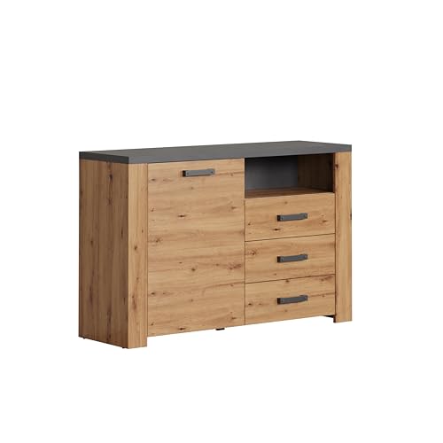 trendteam smart living - Follow - Sideboard - Eiche/Anthrazit - Kommode mit praktischen Vollauszug-Schubladen - (BxHxT) 127 x 83 x 40 cm - Mehrzweckschrank mit edler grauer Rückwand