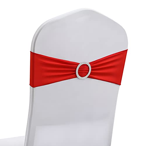 Image of 50 PCS Elastic Stretch Spandex Chair Covers Sashes Bands,Bows Sashes Chair Cover with Buckle for Wedding Party Ceremony Events for Folding Chairs Banquet Decorations Chair Decorations (Red)