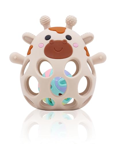 MuyPetit Girafa chocalho e mordedor para bebé, livre de BPA e tóxicos, jogos bebé de 0-6 meses, chocalho bebé 0-3 meses, brinquedo Montessori bebé fácil de agarrar, presente recém-nascido (bege)