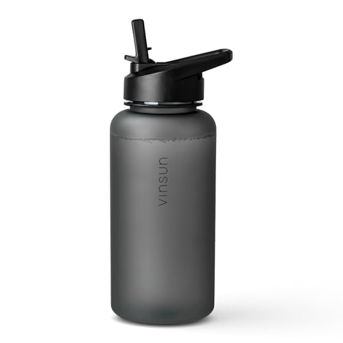 VINSUN Sportflasche 1L Tritan mit Strohhalm Deckel - auslaufsicher, BPA frei - schwarze Trinkflasche für Kinder und Erwachsene - Wasserflasche für Sport, Wandern, Arbeit
