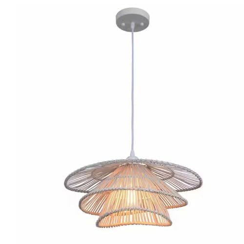 Ceybo White Tiered Rattan Pendant Light – 1-Light Geometric Hanging Fixture for Kitchen, Dining & Living Spaces – Modern White Decorative Lighting