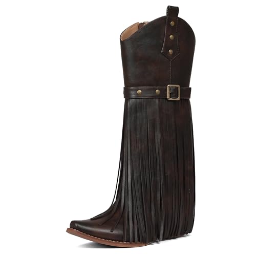 Image of Cowgirl Boots for Women Retro Pointed Toe Pull On Block Chunky Heel Embroide Tassel Country Concert Outfits Mid Calf Western Fringe Cowboy Boots