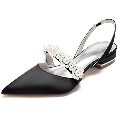 Image of Satin Pearls Wedding Shoes for Bride Flat Pointed Toe Women Slingback Flats