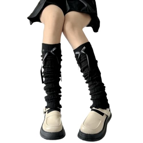 Women Ribbed Knit Leg Warmer Socks Japanese Sweet Ribbon Bowknot Ruffled Foot Stocking