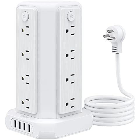 Power Strip Tower Surge Protector, 16 Outlet Desktop Charging Station, Individual Switch, 5 ft Flat Plug Extension Cord with Multiple Outlets, for Home Office Dorm Room Essentials White Cover