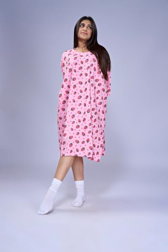 Image of LAMA STORE Women's Printed Oversized T-Shirt Dress, Cotton, 3 /4 Sleeve Length, Casual Loose Fit, Comfort Wear Extra Comfy Oversized Printed Pocket T-Shirt Dress