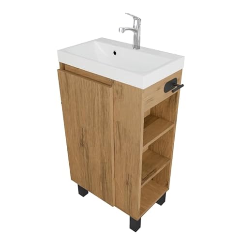 paplinskimoebel - Waschbecken mit Unterschrank SEVA, 46 cm Breite, Waschtisch Stehend oder Hängend, Badmöbel Set für Badezimmer, Waschbeckenunterschrank mit Toilettenpapierhalter - Eiche Lancelot