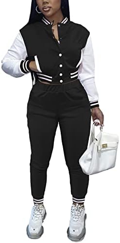 magorange Women 2 Piece Outfits Sets Long Sleeve Varsity Jacket Patchwork Button Down Crop Top Sweatsuit Set