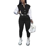 magorange Women 2 Piece Outfits Sets Long Sleeve Varsity Jacket Patchwork Button Down Crop Top Sweat