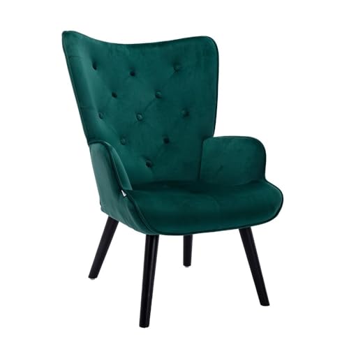 Image of Velvet Wingback Accent Chair for Living Room | Luxury High Back Tufted Armchair with Glossy Metal Legs | Modern Velvet Upholstered Lounge Chair for Home & Office | 1 Pc (Green)