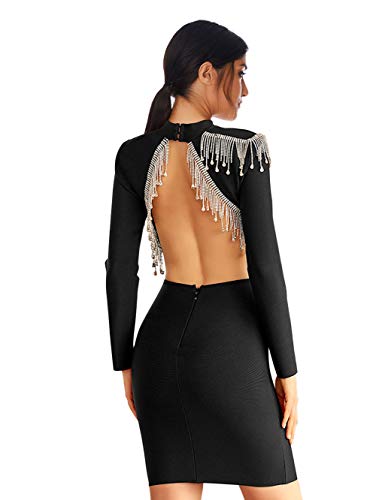 meilun Womens Long Sleeve Bandage Winter Beaded Tassel Dress Bodycon Dress Club Party Dresses (Black, XS) : Clothing, Shoes & Jewelry