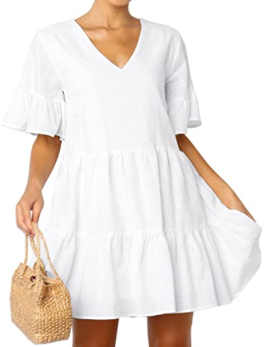 FANCYINN Women’s V Neck Cute Shift Dress with Pockets Bell Sleeve Ruffle Hem Loose Swing Summer Tunic Mini Dress3