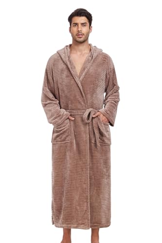 Mens Fleece Hooded Bathrobe Soft Plush Long House Coat with Pockets Flannel Nightgown Fluffy Warm Robe Sleepwear4