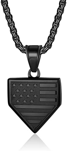 HattiDoris Baseball Home Plate Necklace for Men USA Flag Shield Pendant Stainless Steel Chain 22+2 inch Inspirational Patriotic Jewelry Personalized Baseball Gift for Boys（Black）