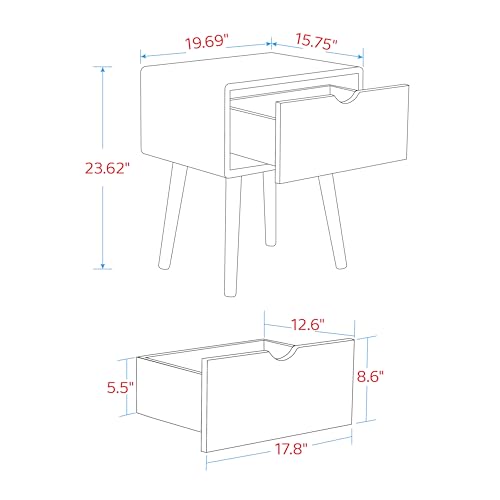 Image of Night Stand, Mid Century Modern Solid Oak Wood Nightstand with Drawers, Small Bedside Table Sturdy & Durable Easy Assembly 19.68 inch L x 15.74 inch W x 23.63 inch H (Natural)