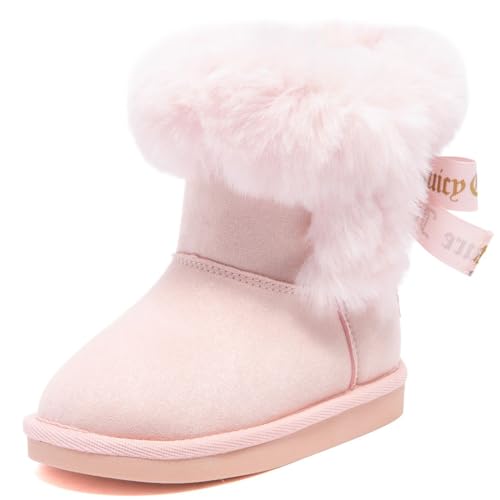 Juicy Couture Girls Toddler Winter Boots Cozy Faux Fur Lined Slip-On Ankle Booties with Bow Detail and Cushioned Insole Warm Fashion Shoes for Little Kids and Big Kids-Krazey R-Blush-Size 7