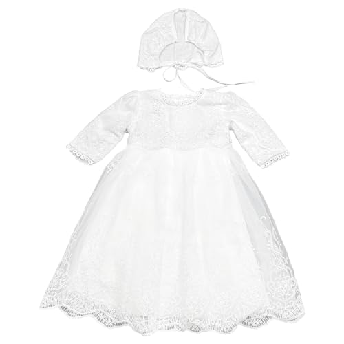 Xopzsiay Baby Girls Long Sleeve Christening Dress Classic Embroidered Baptism Tulle Dress with Bonnet Ivory Size 24M