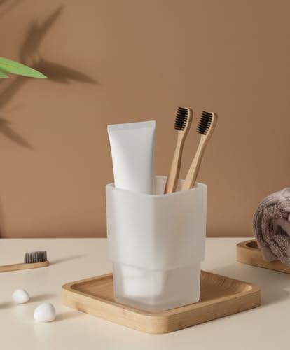 Image of Frosted Glass Toothbrush Holder and Tumbler with Premium Bamboo Tray | Modern Square Bathroom Cup for Toothpaste, Makeup Brushes & Vanity Organization | Elegant Matte White Countertop