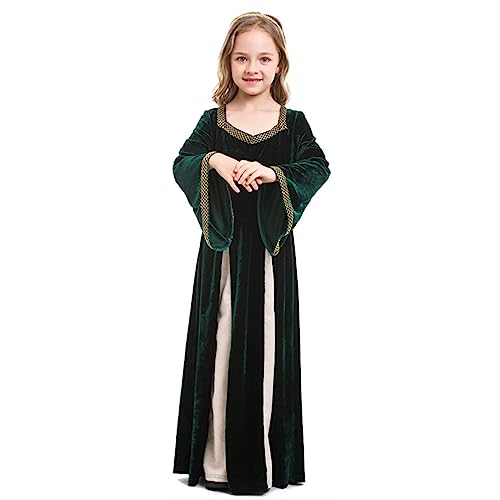 maxToonrain Girls Medieval Princess Costume Renaissance Velvet Dress Kids Royal Fancy Dress Up for Halloween World Book Day (Green - Image 3