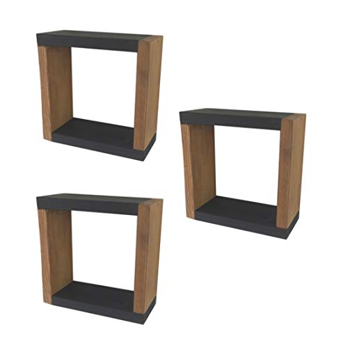 ウォールシェルフ ボックス型 正方形 3個セット (ブラック&ブラウン)