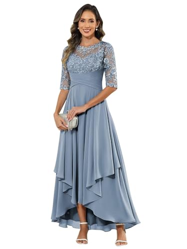 HUINI Brautmutter Kleid mit Ärmel Lang Chiffon Hi-Lo Elegant Abendkleid A-Linie Rüschen Grau-blau 46