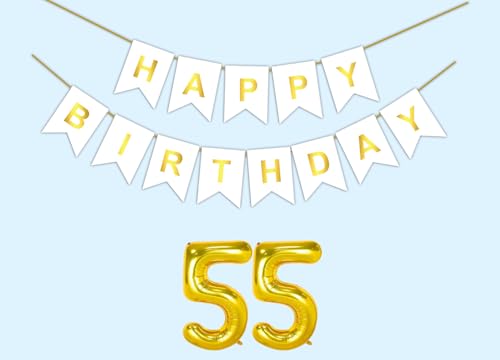 Image of 55th Happy Birthday Decoration Kit White for 55 year Old Men Women with Number Fifty-five Party Decorations Decor Celebration Items Item Set Combo Reusable Paper Banner