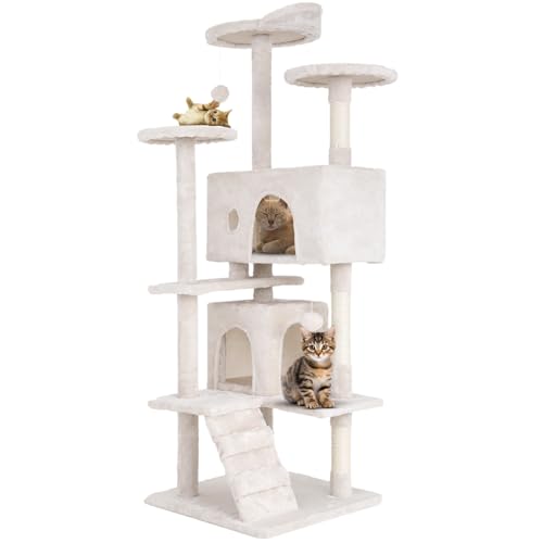 MGHH 54.7 inches Cat Tower for Indoor Cats, Multi-Level Cat Condos with Scratching Posts, Hanging Toys, Beige