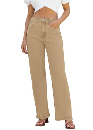 ETTELO Womens Jeans High Waisted Straight Leg Loose Stretchy Lightweight Tummy Control Trendy Jeans for Women 2025 Khaki