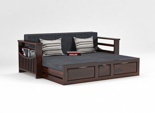 Image of Solid Sheesham Wooden Sofa Cums Bed with Mattresses for Living Room|Rosewood 3-Person Sofa Cums Bed for Bedroom Without Pillow (D-Walnut Finish)