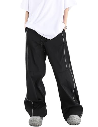 Image of Mens Y2k Track Pants Baggy Sweatpants Wide Leg Cargo Joggers Harajuku Parachute Pants for Men, Sh#black, S