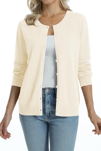 Image of QUALFORT Women's 100% Cotton Lightweight Cardigans Long Sleeve Knitted Button Down Sweater