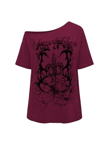 RoseSeek Women's Off The Shoulder Tops Gothic Graphic Tee Y2k Grunge Vintage Oversized T Shirts Trendy Outfits Burgundy Black Medium