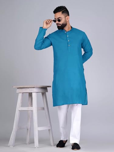 Image of Pinkmint Kurta for Men Cotton Mandarin Collar Long Sleeve Soild Traditional Kurta Festival Kurta