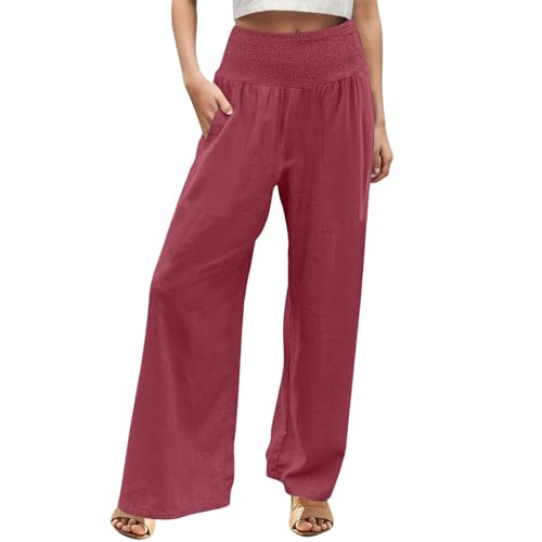 Wide Leg Linen Pants for Women Summer Boho Beach Flowy Smocked Elastic High Waisted Lounge Palazzo Pants with Pockets2