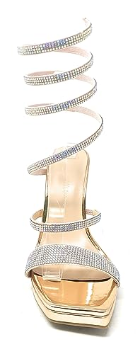 Wild Diva Women's Square Toe Spiral Ankle Strap Rhinestone Embellished Formal Stiletto High Heels Lunna-033
