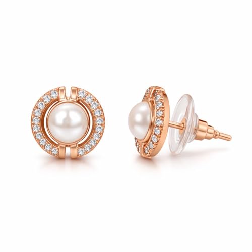 Image of Nilu's Collection Rose Gold Plated Triangular Design Pearl Stud Earrings With American Diamond for Women And Girls | Gift For Her | Anti- Allergy |Anti-Tarnish | Office Wear