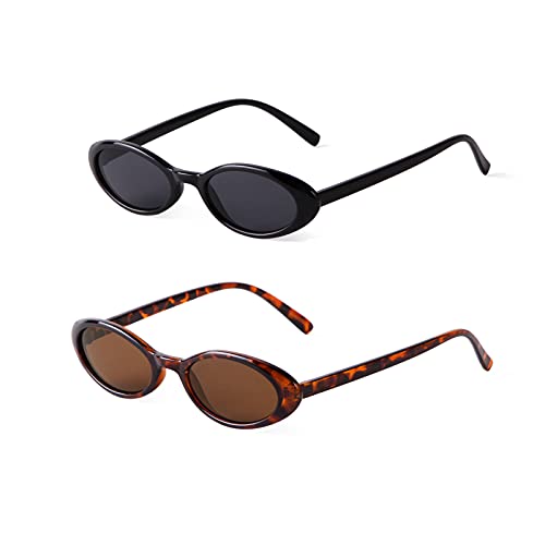 VIA LEECA Retro 90s Oval Sunglasses Women Trendy Small Fashion Tinted Narrow Sun Glasses UV400 Protection for Driving Party Gift Black Tortoise Aesthetic Accessories