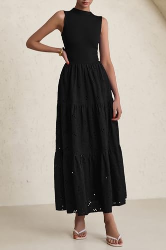 Image of PRETTYGARDEN Summer Dresses for Women 2026 Casual Eyelet Sleeveless Wedding Guest Maxi Dress Tank Top Sundress with Pockets