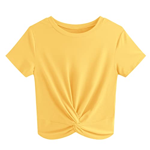JINKESI Women's Summer Causal Short Sleeve Blouse Round Neck Crop Tops Twist Front Tee T-Shirt Yellow-Large