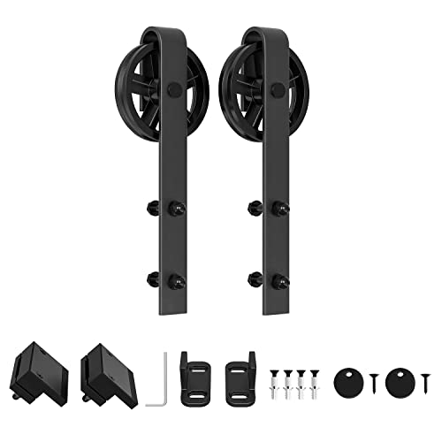 WINSOON Black Antique Hangers Rollers Kit Include Floor Guide/Door Stoppers/Screw/Anti-Jump Block, Sliding Barn Door Hardware Hangers Rollers 2pcs (J Shape Bending Design)