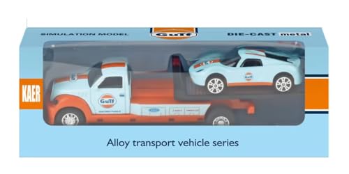 Image of 1:64 Gulf Racing Porsche 911 GT3 RS Die-Cast Sports Car with Fuel Transporter Truck - Alloy Pull Back Vehicle Toy for Kids & Collectors