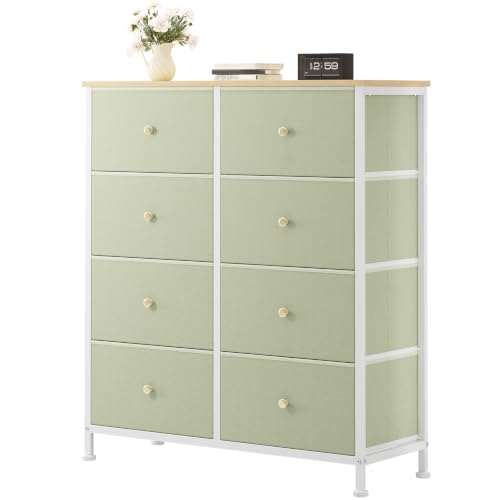 Image of OLIXIS 8 Drawer Storage Dresser with Wood Top - Wide Fabric Chest Organizer for Bedroom, Closet, Living Room,Tower Cabinet, TV Stand, Hallway Entryway Furniture, Light Green