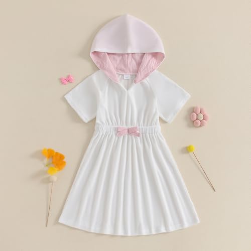 Image of Socutebabe Toddler Girl Swimsuit Cover Up Kids Beach Dress Bow Print Long Sleeve Hooded Bathing Suit Towel Coverup Swimwear