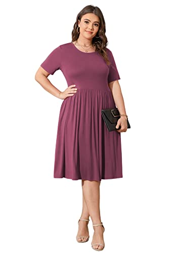 Image of POSESHE Womens Plus Size Summer Dress 2026 Casual Short Sleeve Empire Waist Loose Fit Swing T-Shirt Dress with Pockets