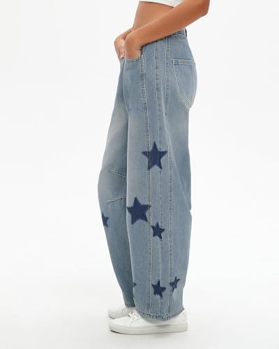 Star Barrel Jeans Women Elastic Mid Rise Wide Leg Jeans Loose Baggy Printed Boyfriend Denim Pants3