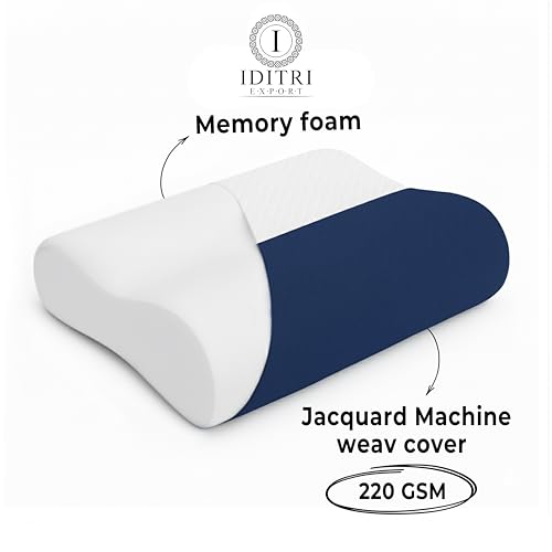Image of Memory Foam Cervical Pillow Set of 2, 220 GSM Jacquard Cover, Ergonomic Contour Design for Neck Alignment, 48 x 30 cm, Blue and White Dual Tone, Comfortable Sleeping Bed Cushion