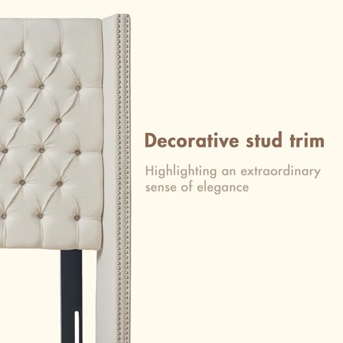 Image of Madison Park Amelia Upholstered Headboard | Nail Head Trim Wingback Button Tufted | King, Cream