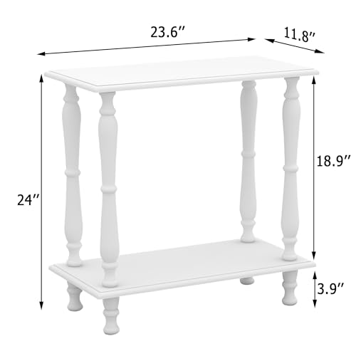 TaoHFE White Narrow Side Table Wooden Vintage End Tables Living Room French Style 24 Inch Sofa Side Table with Open Shelf 2-Tier Retro Bedside Table for Bedroom Living Room Small Space, White